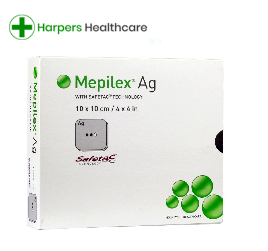 5 x Mepilex AG Foam Dressings with Silver 10cm x 10cm (Box of 5 dressings) 5 x Mepilex AG Foam Dressings with Silver 10cm x 10cm (Box of 5 dressings)