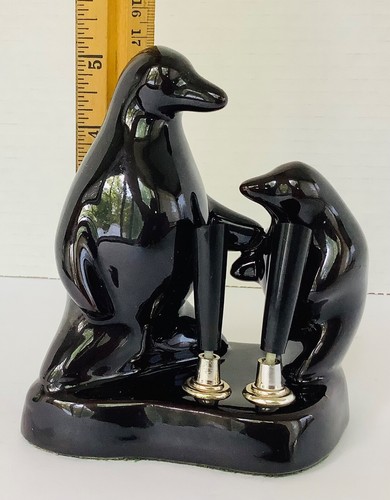 Vintage Japan Redware Desk Top Pen Holder 5” Penguins Figurine Glossy Black - Picture 3 of 7