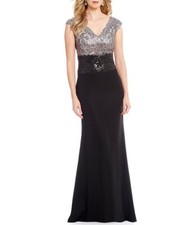 TADASHI SHOJI Pearl Grey Black Two-Tone Sequin Lace Bodice Maxi Gown Dress 6 = S