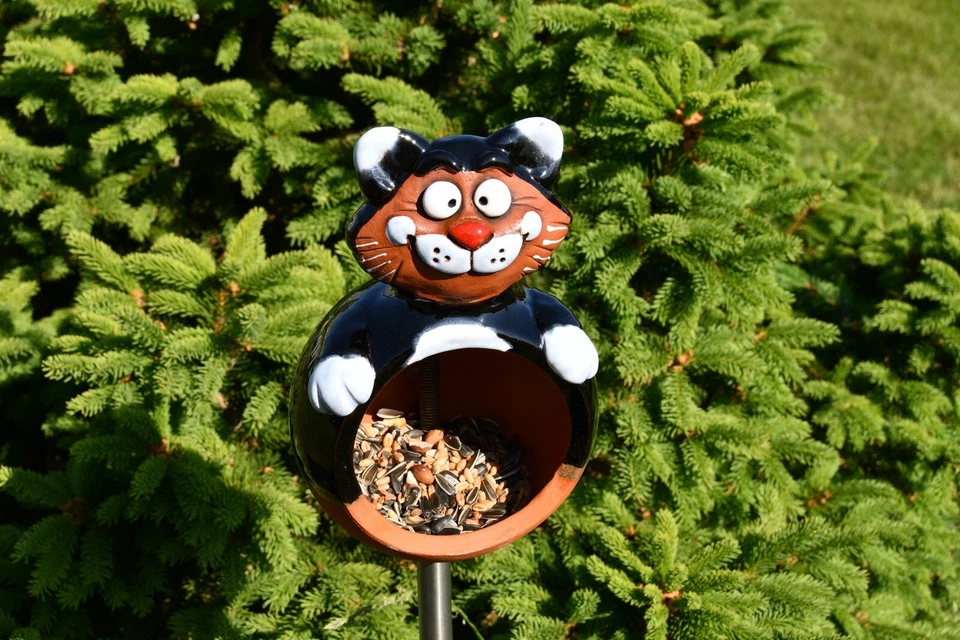 Cerámica Jardín Decoración Alimentador de Pájaros Gato Césped Estaca Exterior Estatua H19cm Midene Foto 3 de 4