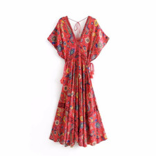 Boho Floral Peacock Print, Bat Sleeve, Tassels, Deep V-Neck Long Maxi Dress