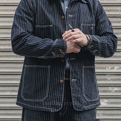 Giacca Ferroviaria Uomo Giacca a Righe Denim Giacca Cappotto da Lavoro Vintage Casual Coat - Foto 13 di 17
