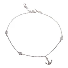 Sterling Silver CZ Stones Anklet Bracelet w/ Dangling Anchor