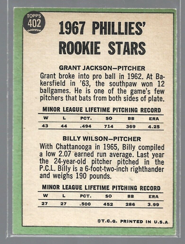 1967 Topps Baseball Phillies Rookie Stars #402-Grant Jackson/Billy Wilson - Picture 2 of 2