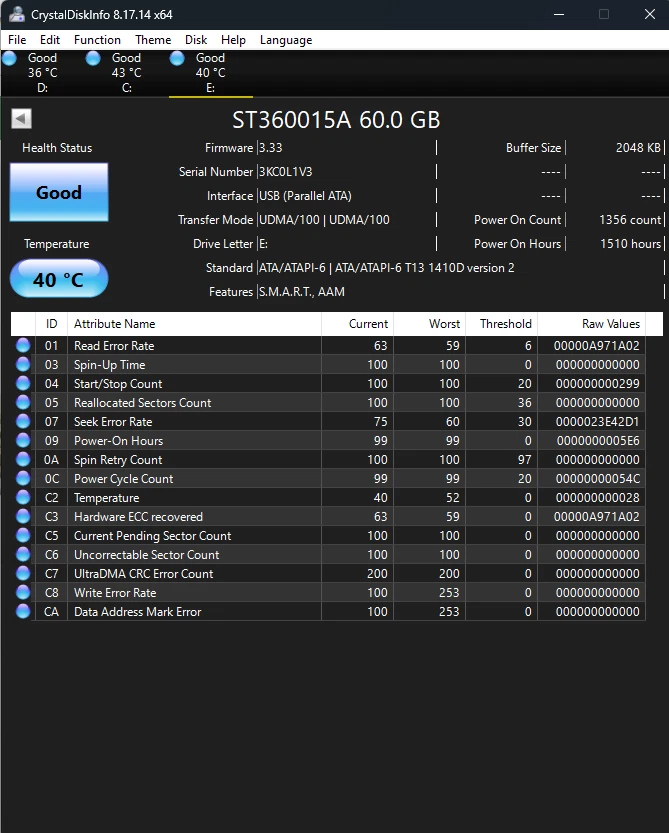 Seagate Barracuda ATA V ST360015A 60GB / 32GB IDE PATA HDD Hard Disk Drive - Image 2 of 4