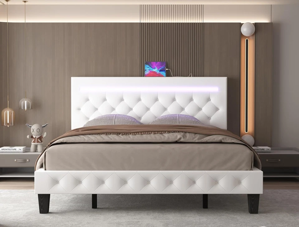Cama Queen Marco De Cama Plataforma Tapizada Cabecera Base Cama con Luces LED Foto 3 de 4