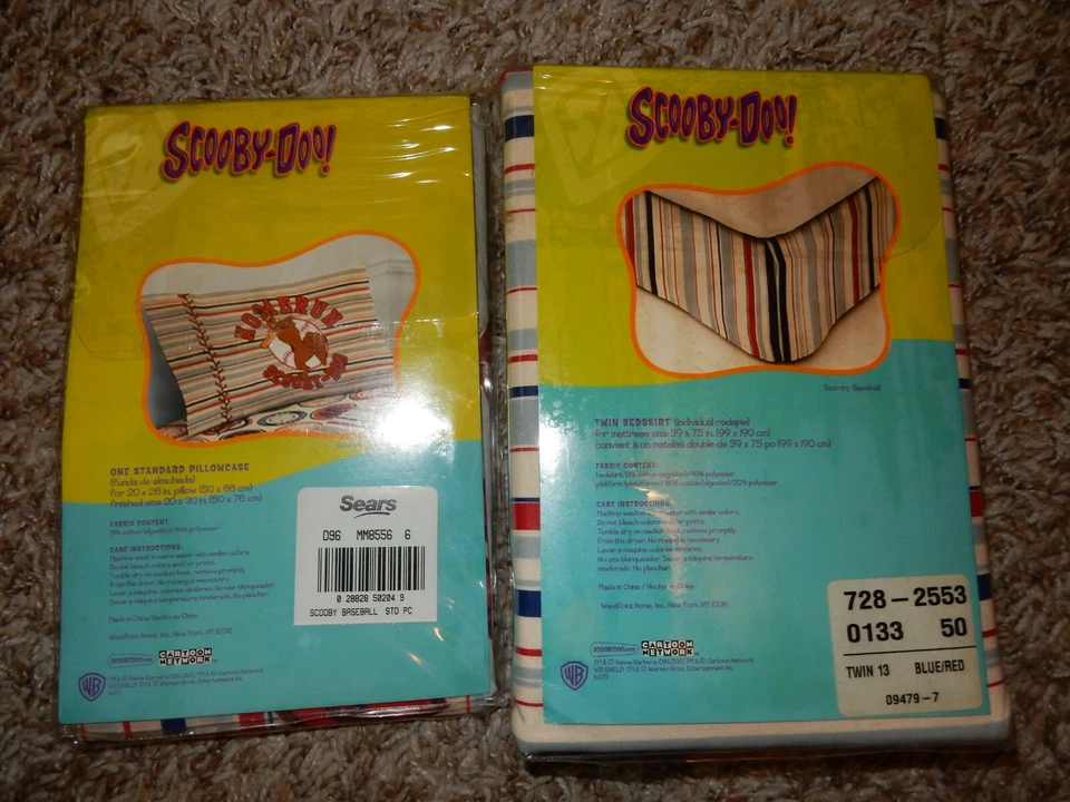 Juego de 5S de 2 FALDA Y FUNDA DE ALMOHADA DE BÉISBOL SCOOBY DOO a rayas dobles/individuales con etiquetas Foto 3 de 4