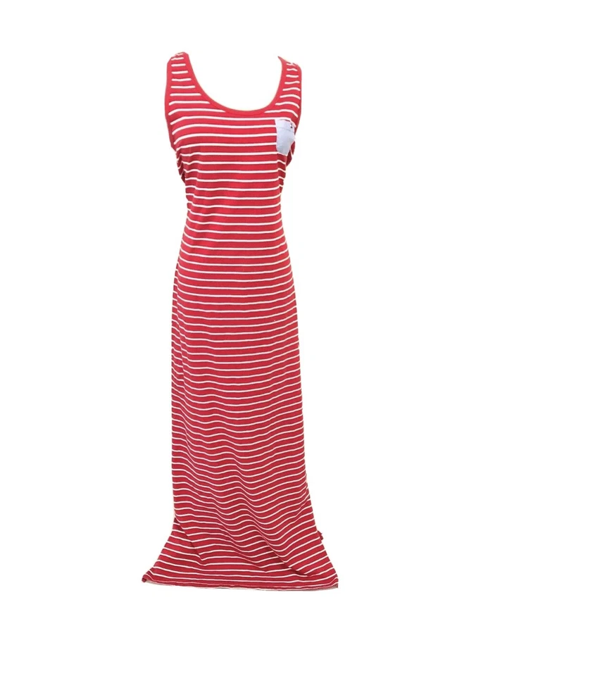 Maxi Vestido Tommy Hilfiger Rojo Blanco a Rayas Talla S Sin Mangas Elastizado Abertura AE Foto 4 de 4