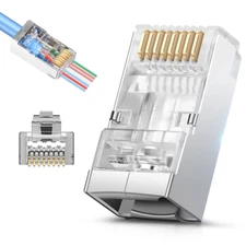 Shielded RJ45 Cat6 Cat6A Pass Through Connectors - 3 Prong 8P8C Gold Plated Ethe