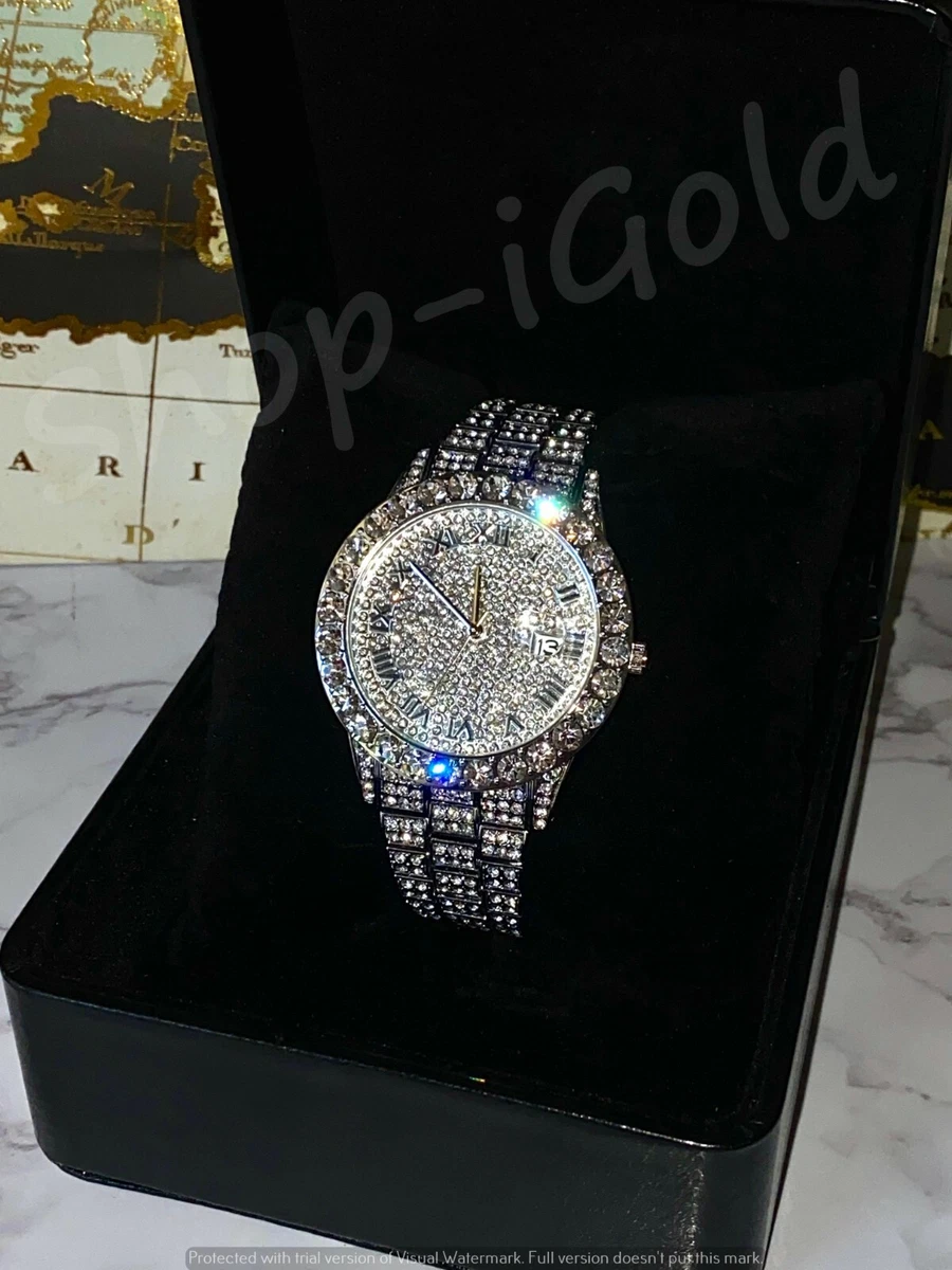 Mens Custom Fully Ice out Bling Round Icy Watch Iced Cz Quality Stainless Steel