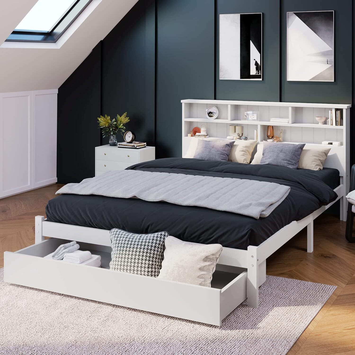 LTGB Double Bed Frame, White Wooden Storage Bed with Shelves and Underbed Drawer, Suitable for Adults Teens Kids, 135 x 190 cm - 4FT6, Frame Only【UK Fast Shippment】 31 Double Bed Frame, White 4ft6 Wooden Storage Bed with Shelves and Underbed Drawer