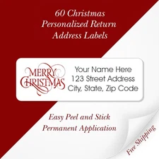 60 Christmas Return Address Labels Personalized 3/4" x 2 1/4" Merry Christmas