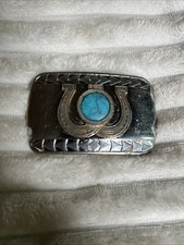 Vintage Southwestern Silver Tone Belt Buckle With Turquoise Stone And Horseshoe