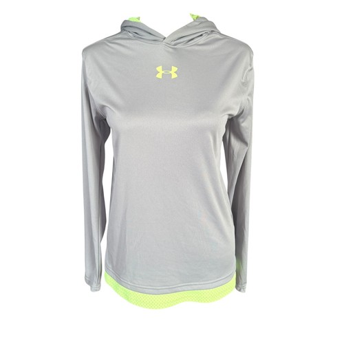Under Armour loose heatgear gray hooded sweatshirt fluorescent green trim YLG