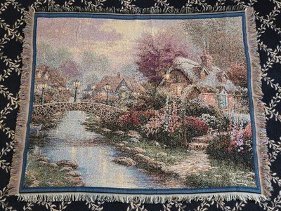VTG Thomas Kinkade Woven Tapestry Throw Painter Of Light Lamplight Bridge 61x49''