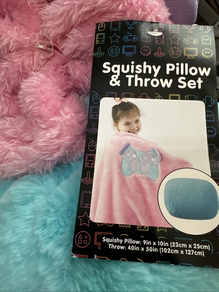 Kids Girl’s Squishy Pillow & Throw Blanket Set Pink Turquoise Lavender - Image 2 of 3