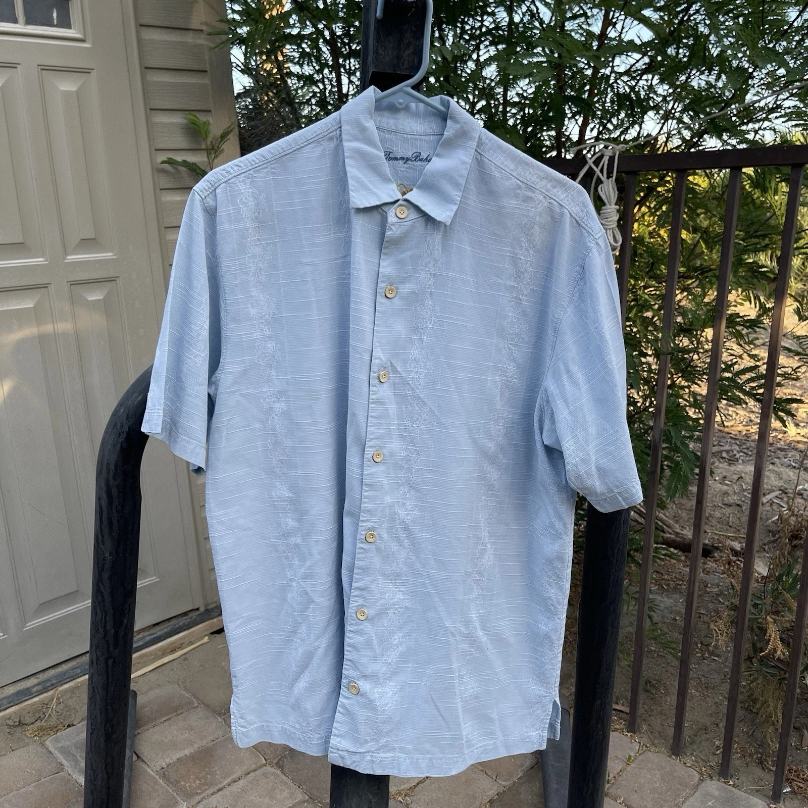 Tommy Bahama Shirt Men's Large Blue Linen Button Up Short Sleeve Casual Beach