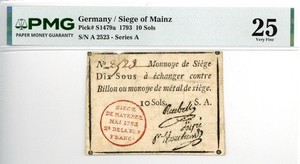 Germany “Siege of Mainz” 10 Sols Currency Banknote 1793 PMG 25 VF