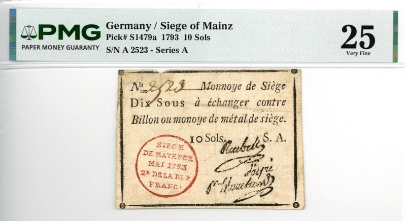 Germany “Siege of Mainz” 10 Sols Currency Banknote 1793 PMG 25 VF