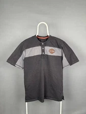 Harley-Davidson Mens T-Shirt Black Henley Neck Short  Sleeve Button