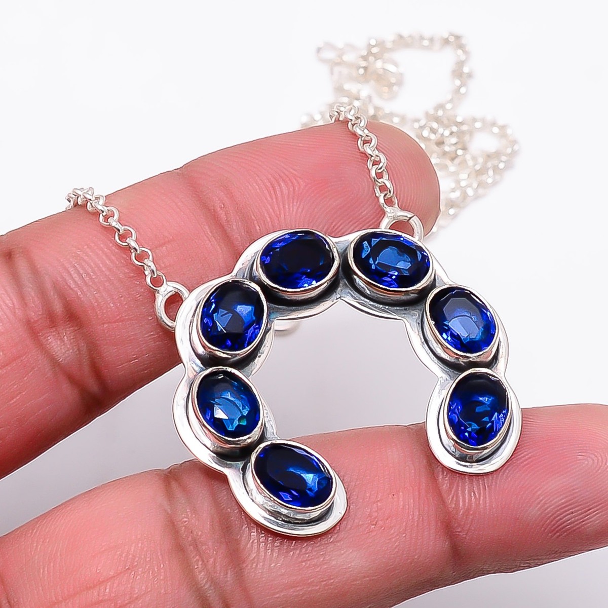 蓝色蓝宝石- 模拟925 纯银马鞋项链17-21 英寸CP31 | eBay