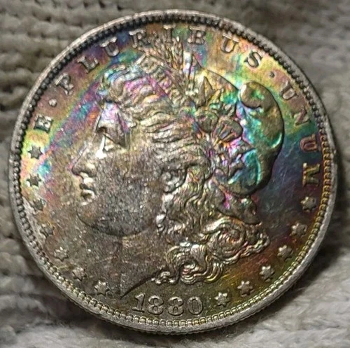 1880-o Morgan Silver Dollar AU-BU Slider RAINBOW TONED OBVERSE