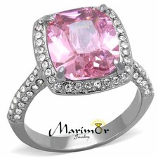 6.38 Ct Emerald Cut Rose Zirconia Stainless Steel Halo Engagement Ring Size 5-10