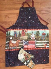 Susan Winget Watercolor Patriotic Landscape Apron and Oven Mitt LAST SET!