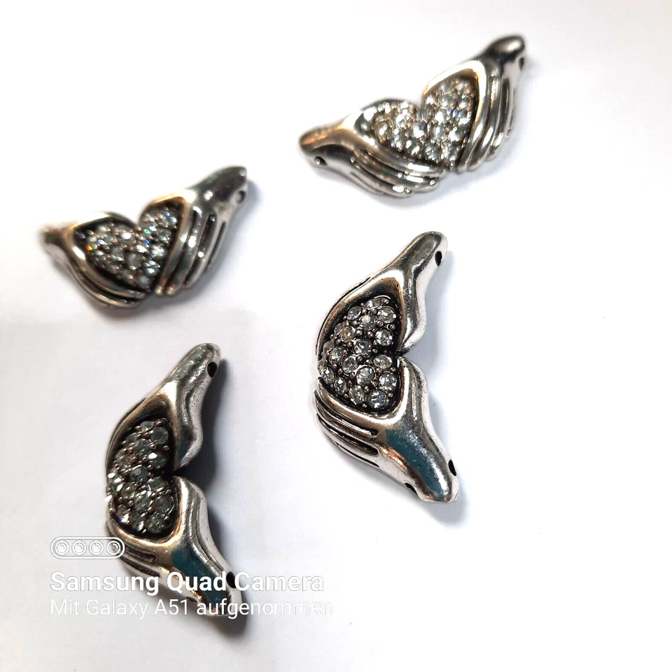 4 Stk.European Beads Anhänger Herz Spacer Antik Silber Metall Strass NEU - Bild 2 von 3