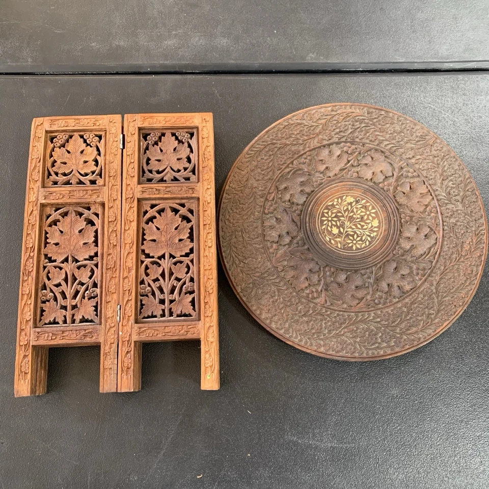 Vintage Artisan Carved Octagonal Folding Teak Side Table Inlay Anglo Indian Read - Image 2 of 4