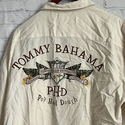 Tommy Bahama Men's L Yellow Silk Shirt PHD:  Pop Had Dough  Relaxed Fit Camp