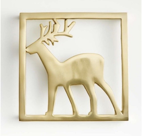 Crate & Barrel Gold Metal Reindeer Figurine Trivet Brass Square Christmas 8” NEW - Picture 5 of 14