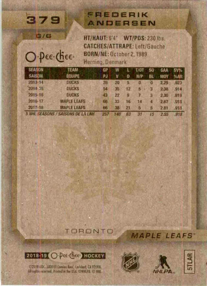 2018-19 O-Pee-Chee Frederik Andersen #379 - Image 2 of 2
