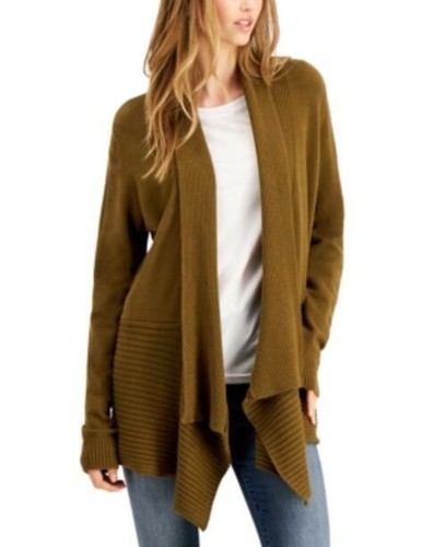 Fever Ribbed Waterfall Cardigan - Military Olive