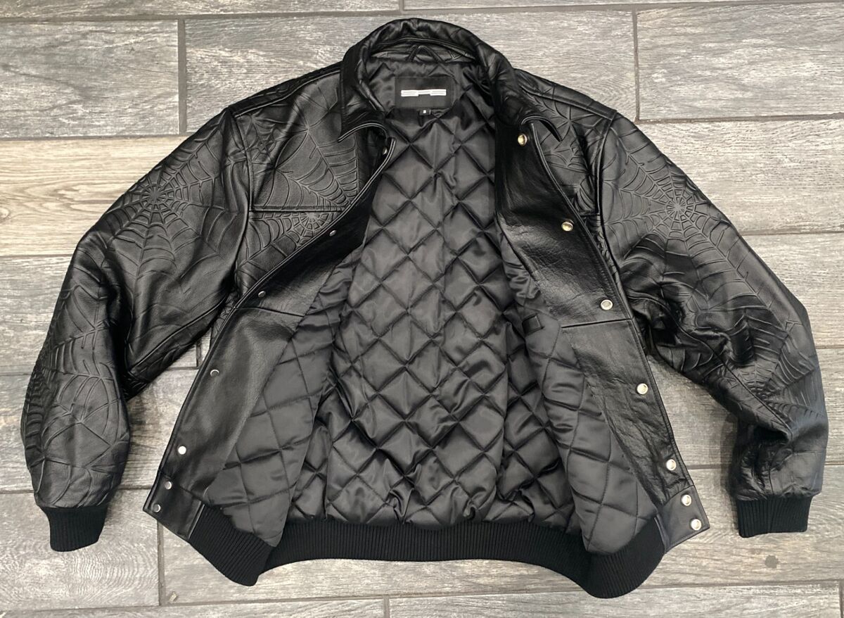 SP5DER WORLDWIDE WEB LEATHER JACKET IN BLACK SP5DER WORLDWIDE WEB LEATHER JACKET IN BLACK