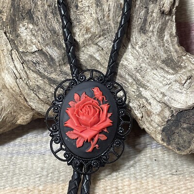 Red Retro Gothic Black Wedding Bolo Tie Rockabilly Cameo ROSE Necklace Leather