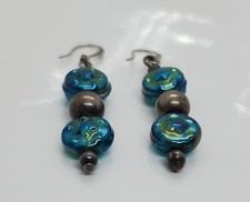 Handmade Art Glass Blue Pierced Earrings Silver Tone Drop Dangle Design 2"