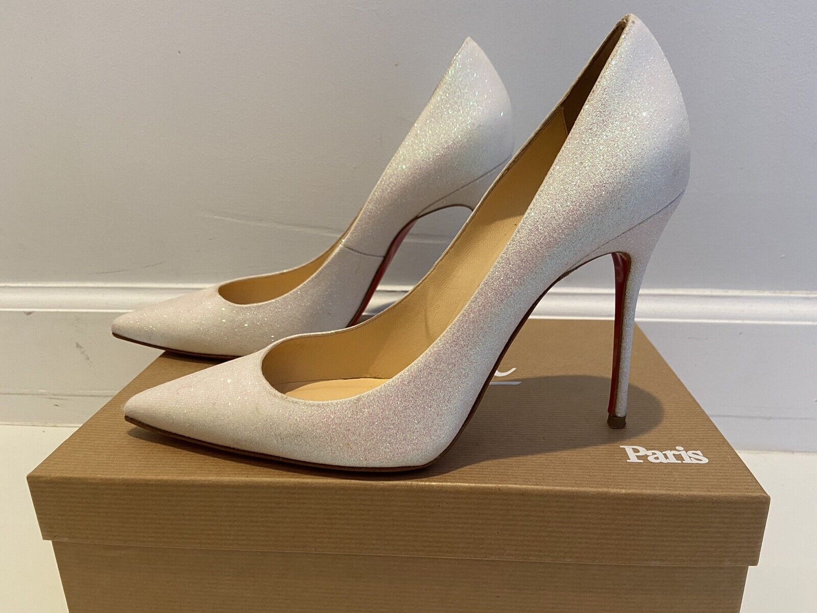 Christian Louboutin Decollete 554 Glitter Mini in (White) Glacier 100 mm  Size 39