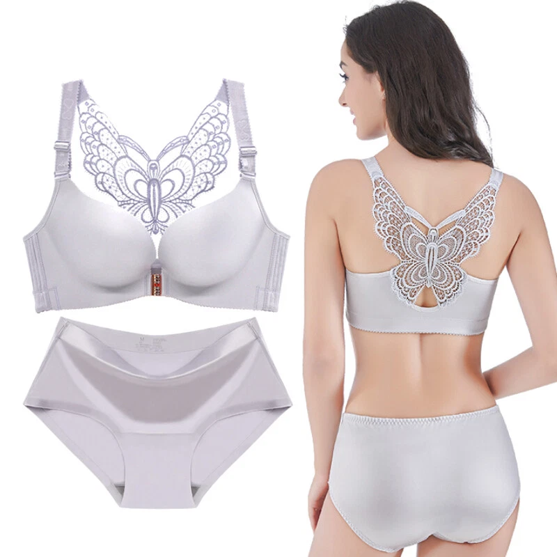 Conjunto de sujetador sin costuras para mujeres con bragas push up cierre frontal corredor trasero sujetador ropa interior Foto 4 de 4