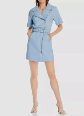 $749 Lini Women's Blue Margeaux Belted Asymmetric Full-Zip Leather Mini Dress XS