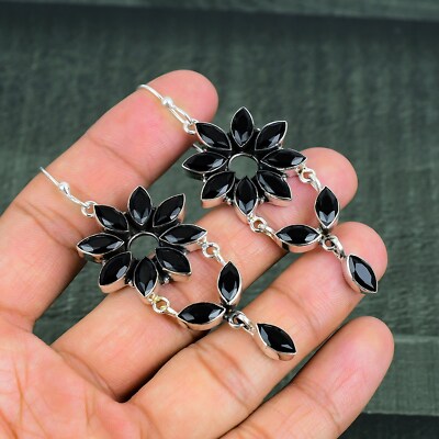 Natürlich Schwarzer Onyx 925 Sterlingsilber Handgemacht Lang Damen Ohrringe Gift