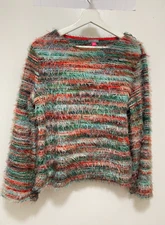VINCE CAMUTO Fuzzy Eyelash Pullover Sweater Multicolor Rainbow Soft SZ M Furry