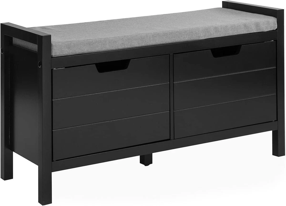 Black Storage Bench Grey Cushion Wooden 2 Doors Shelves Entryway