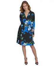 Halston Women's Long-Sleeve Belted A-Line Dress - Black/Sapphire Multi - 8