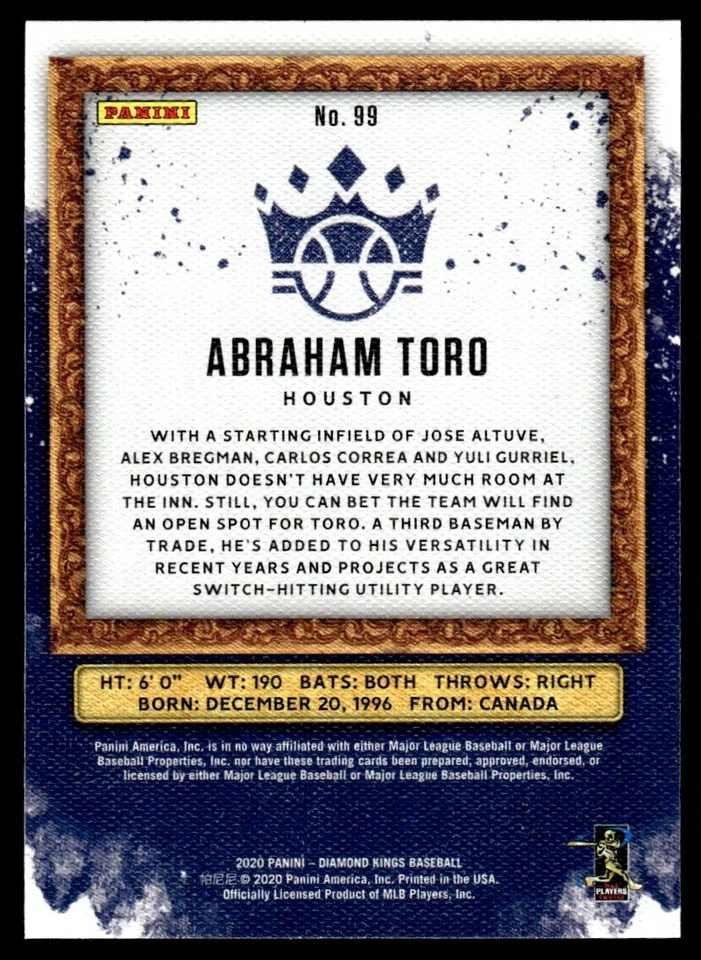 2020 Panini Diamond Kings Blue Abraham Toro Houston Astros #99 - Image 2 of 2
