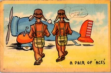 Vintage Postcard Cartoon Aviators Pair Of Aces Next To Plane