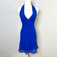 Lulus Dress Halter Mini Nailah Size XS Blue V-Neck Knot Skater Back Tie Chiffon