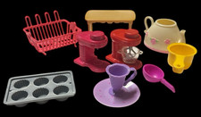 Lot of 10 Assorted Doll Miniature Kitchen Items Mixer Table Muffin Pan Dish Rack