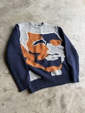 Zara Men's Wool Knit Graphic Sweater Navy Gray Orange Size L Pullover