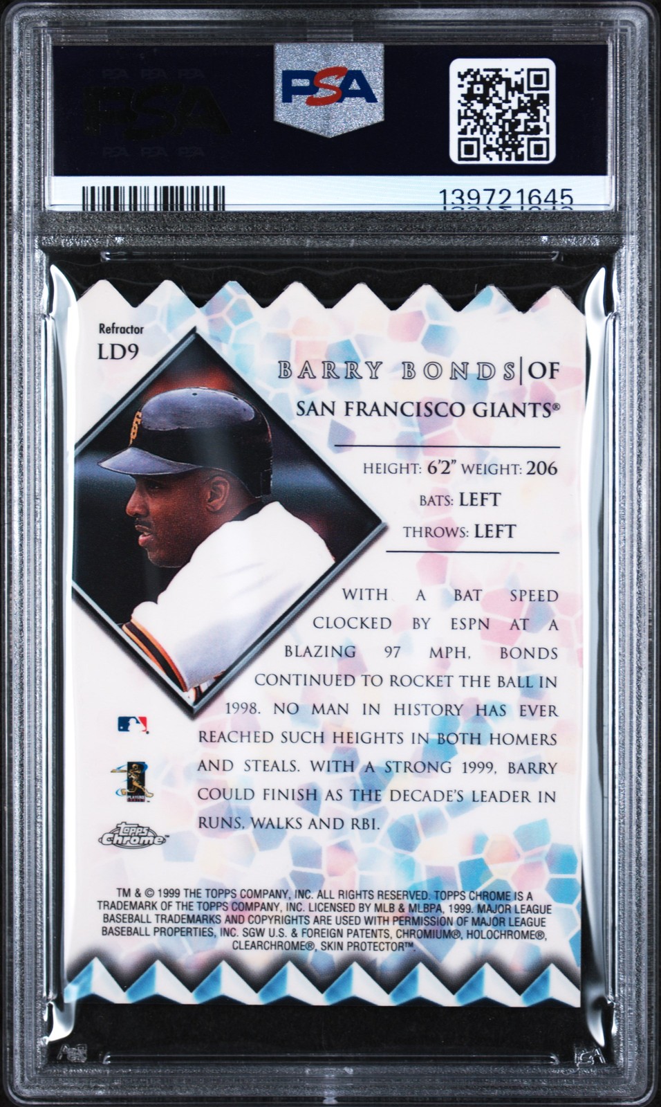 1999 TOPPS CHROME LORDS OF THE DIAMOND REFRACTOR #LD9 BARRY BONDS PSA 9 view 2